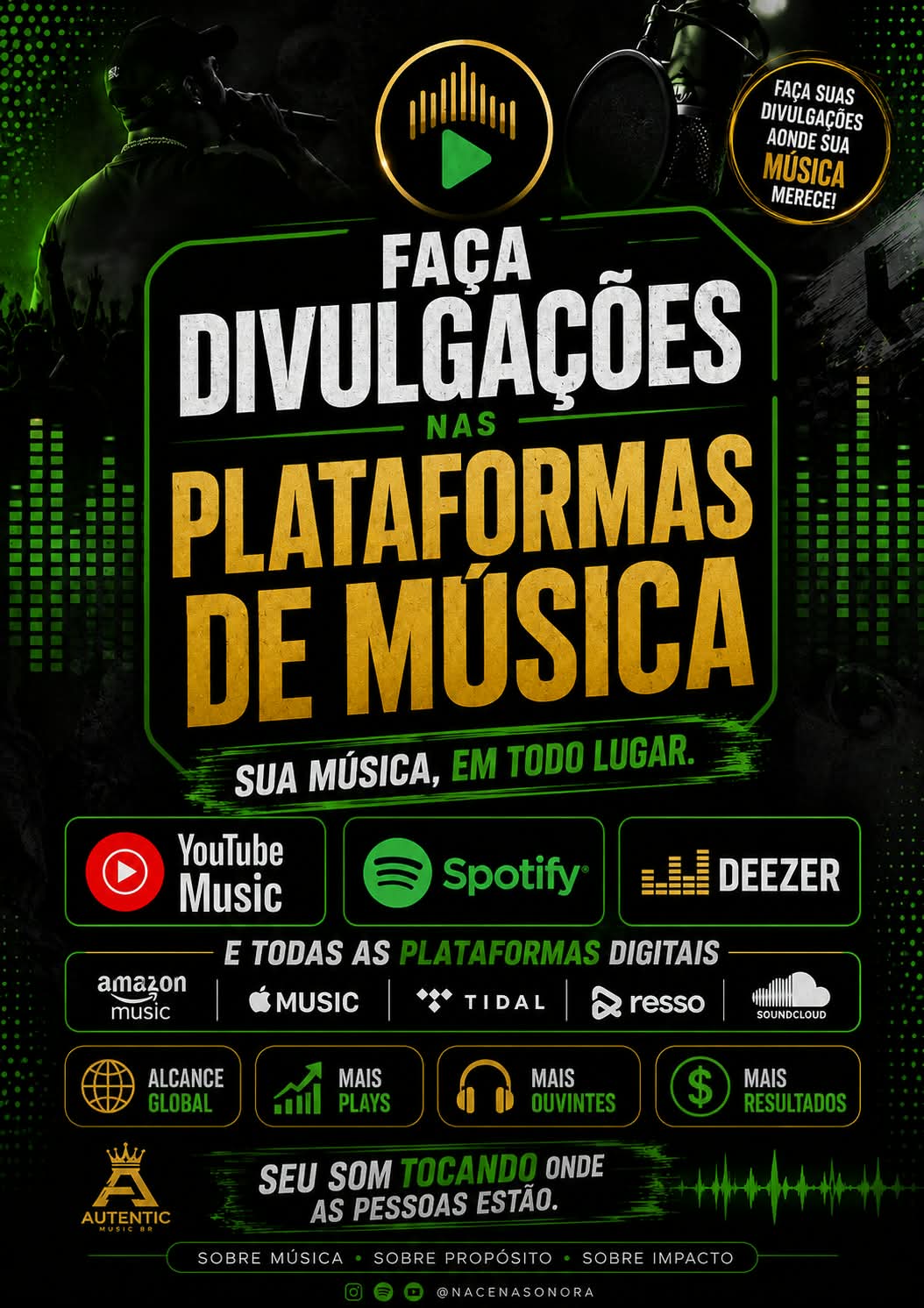 Arte do Na Cena Sonora sobre divulgacao nas plataformas de musica: YouTube Music, Spotify, Deezer e demais plataformas digitais
