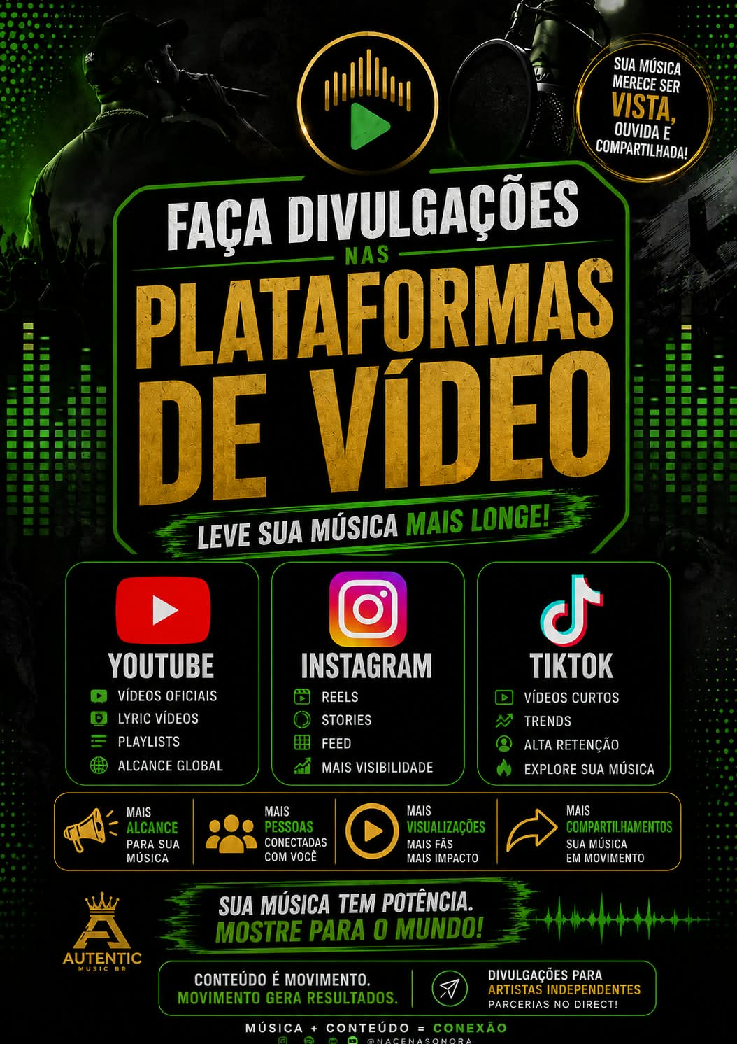 Arte do Na Cena Sonora sobre divulgacao nas plataformas de video: YouTube, Instagram e TikTok